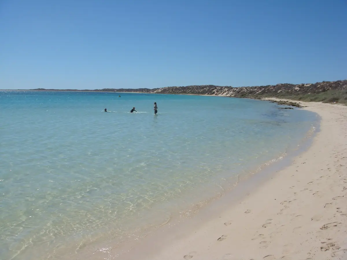 The curving white beach of Coral Bay looking north